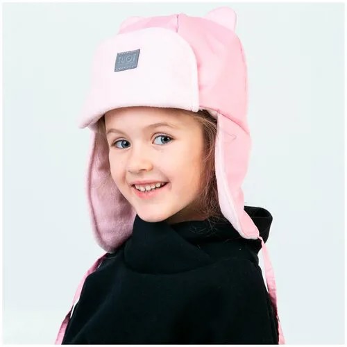 TH21-317241006 Зимняя шапка-ушанка со светоотражающим шевроном и ушками медвежонок, розовый(54-58)