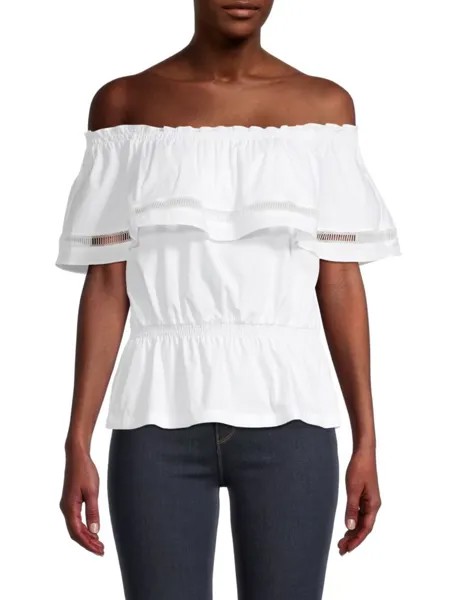 Хлопковый топ с баской и кружевной вставкой Donna Karan New York, белый