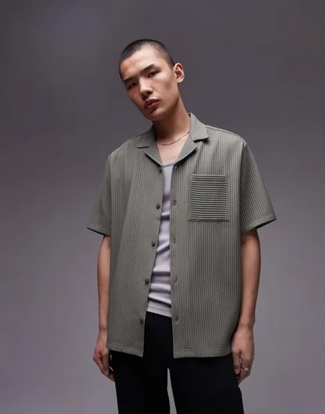 Плиссированная рубашка хаки с короткими рукавами и кубинским воротником Topman