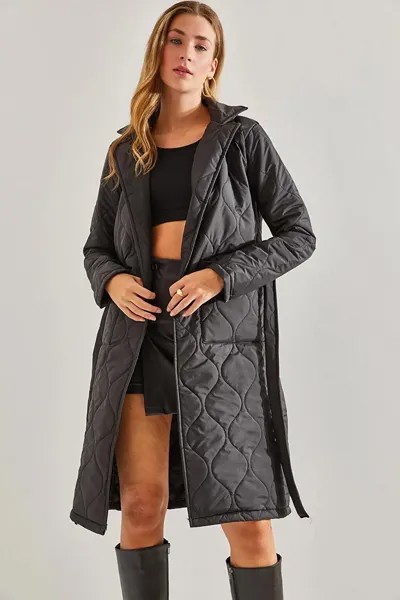 Женское стеганое пальто с двойным карманом и поясом SHADE, черный