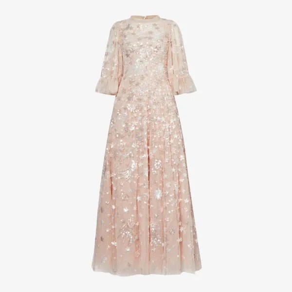 Платье макси Constellation из переработанного полиэстера, украшенное пайетками Needle And Thread, цвет pebble