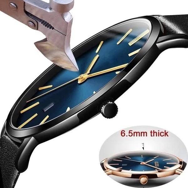 6,5 мм Ультра тонкие водонепроницаемые мужские часы Роскошь Натуральная кожа Повседневная кварцевая бизнес-наручные часы Подарки