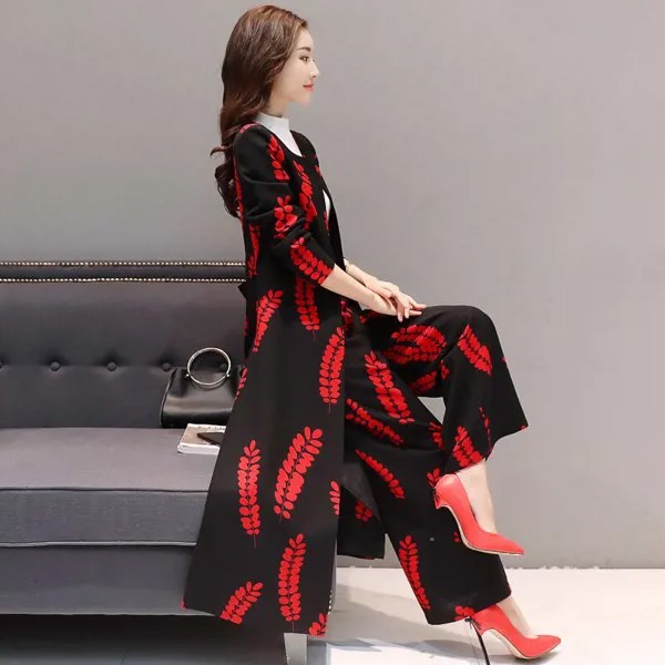 2018 весна и осень Новый темпераментный корейский модный простой тонкий длинный плащ с принтом + свободные брюки комплект из двух предметов