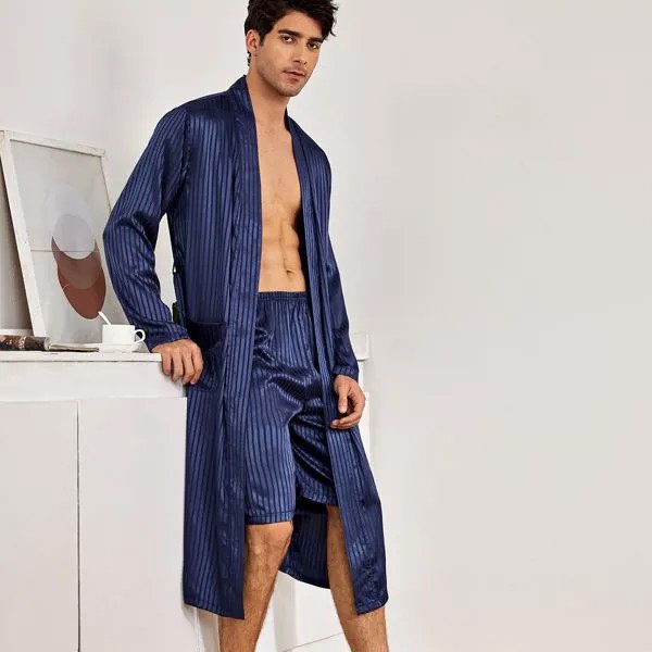 Мужской атласный ночной халат с поясом и шорты в полоску
