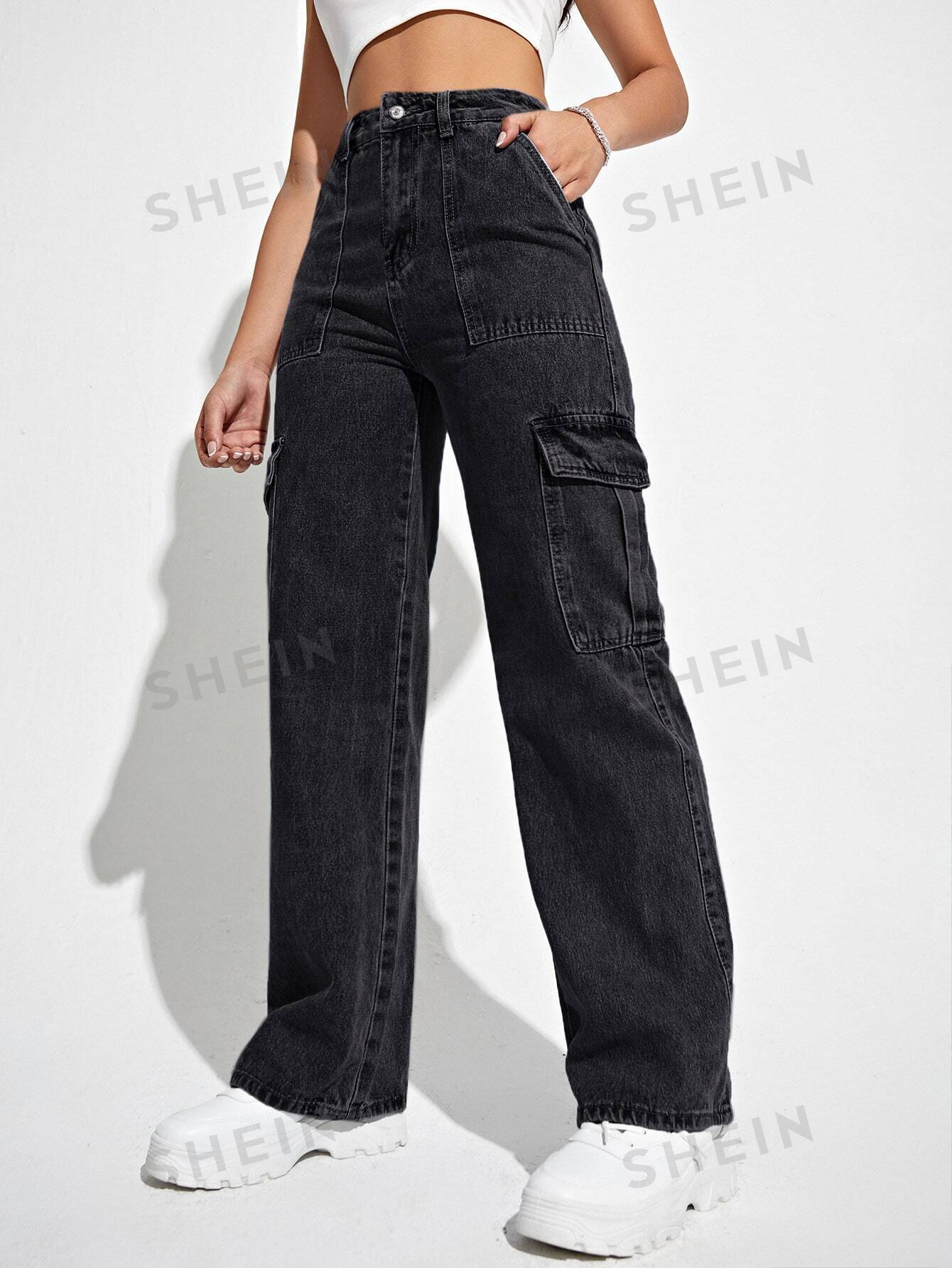 SHEIN Coolmax Джинсовые брюки с карманами и откидными карманами в стиле рабочей одежды, черный