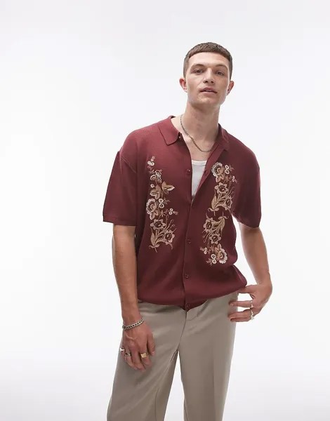 Свободная трикотажная рубашка Topman сливового цвета с цветочной вышивкой