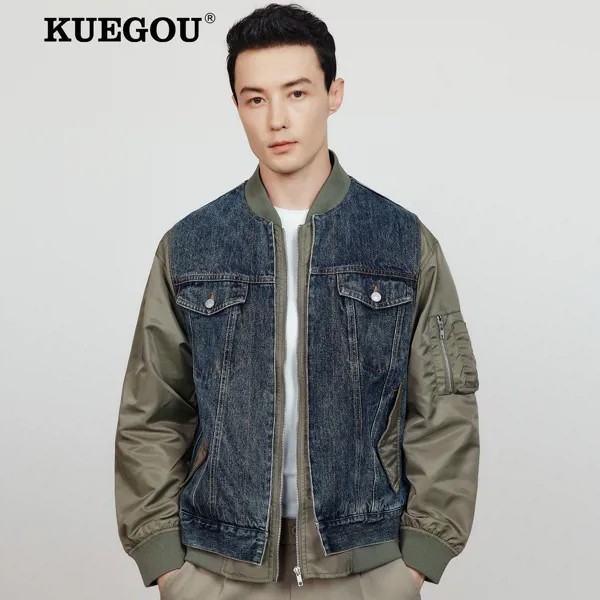 KUEGOU 2022 осень новая мужская куртка-бомбер поддельные две части бейсбол 100% хлопок джинсовые лоскутные пальто бренд высокое качество 2362