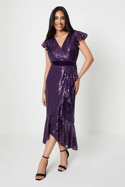 Бархатное платье миди с поясом и пайетками Petite Premium Wallis, фиолетовый