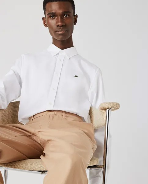 Белая приталенная мужская рубашка из хлопка премиум-класса Lacoste, белый