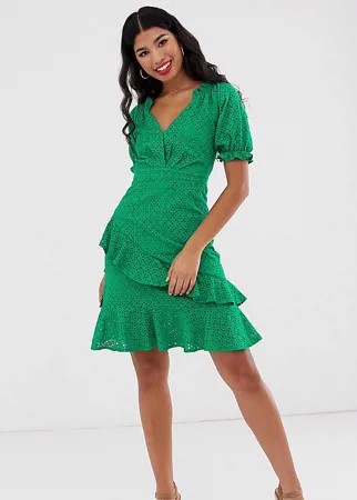 Зеленое платье мини с вышивкой ришелье Dark Pink-Зеленый цвет