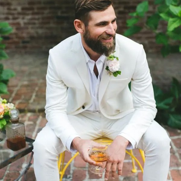 Красивый кремовый белый приталенный мужской костюм Свадебные смокинги для жениха, пиджак с остроконечным лацканом на одной пуговице для вы...