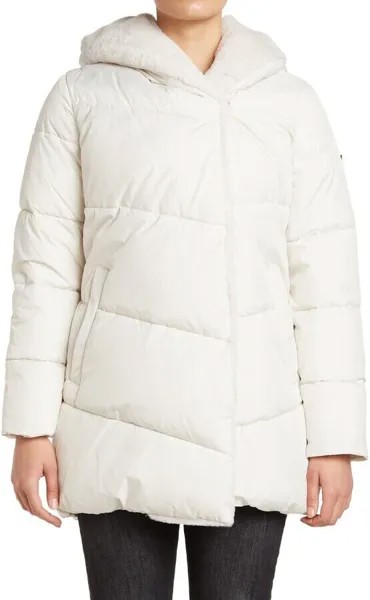 BCBGMAXAZRIA Белое уютное пальто на пуговицах из искусственного меха с капюшоном БОЛЬШОЕ водоотталкивающее покрытие