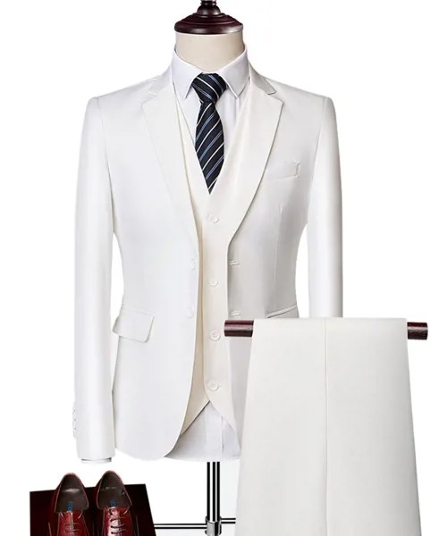 Мужской костюм, серый/синий/белый, 3 предмета, приталенный костюм, мужской деловой пиджак жениха, смокинг для свадьбы, выпускного вечера (Бле...