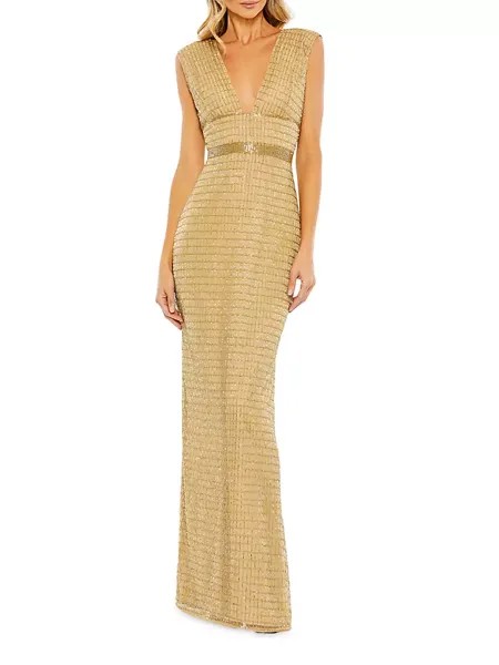 Платье-колонна с V-образным вырезом и бисером Mac Duggal, золото