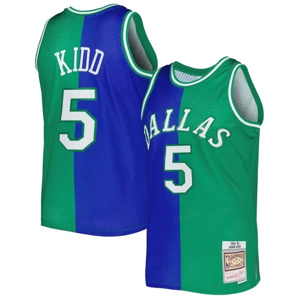 Мужская майка Mitchell & Ness Jason Kidd сине-зеленая Dallas Mavericks Hardwood Classics 1994-95 Split Swingman