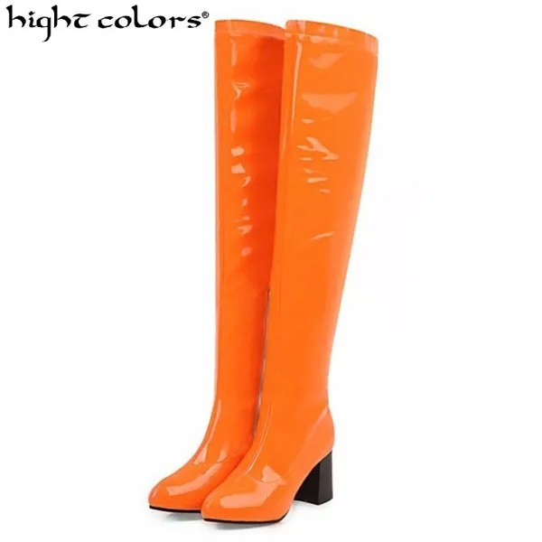 Женские ботфорты на молнии, желтые, оранжевые или красные ботфорты с острым носком на квадратном каблуке, осень 2020