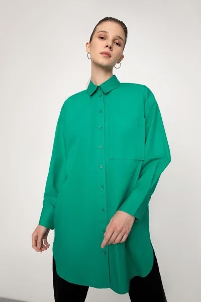 Тканая рубашка из поплина с длинными рукавами стандартного кроя, туника из 100 % хлопка DeFacto, зеленый