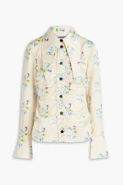 Рубашка из жатого атласа со сборками и цветочным принтом GANNI, кремовый