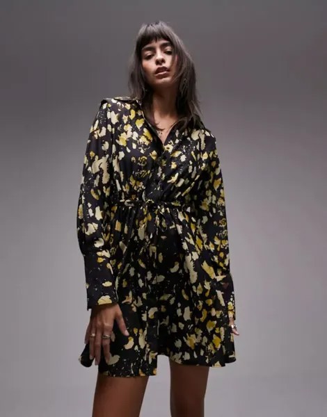 Короткое зеленое платье-рубашка с поясом Topshop