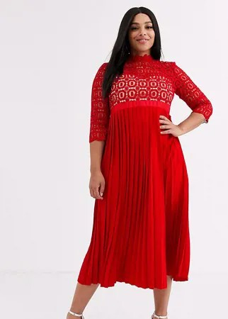Красное кружевное платье миди с рукавами 3/4 Little Mistress Plus-Красный