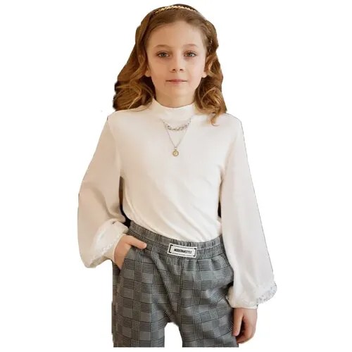 Школьная блуза Deloras, полуприлегающий силуэт, длинный рукав, трикотажная, однотонная, размер 134, бежевый