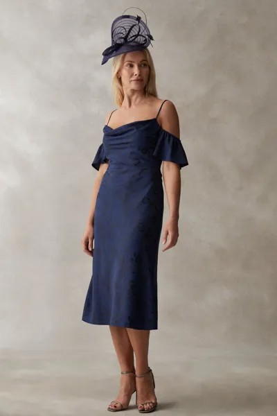 Атласное жаккардовое платье миди с открытыми плечами и развевающимися рукавами Coast, темно-синий