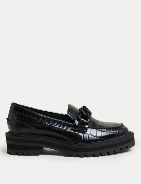 Кожаные лоферы с квадратным носком на блочном каблуке под крокодила Marks & Spencer, черный