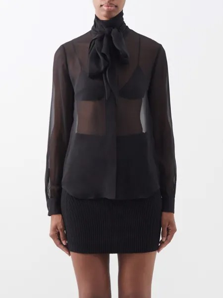 Рубашка из шелкового крепа с галстуком Saint Laurent, черный