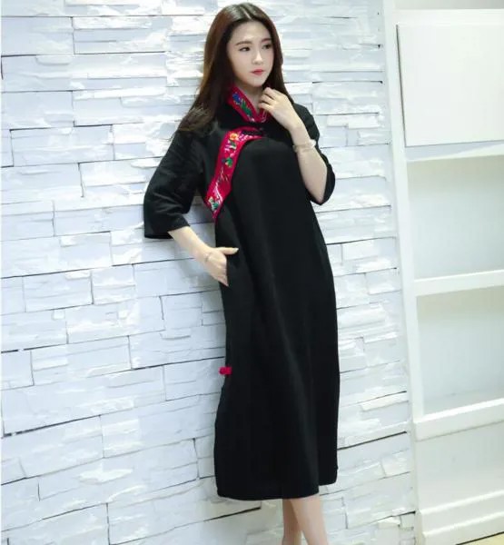 Винтажное женское платье 2018 осеннее платье с длинным рукавом китайское Cheongsam этническое платье красное черное Qipao жаккардовое платье макси ...