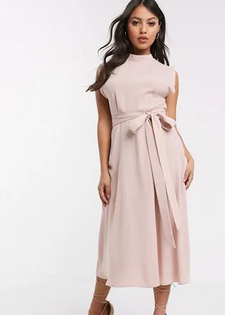 Розовое приталенное платье миди с высоким воротником ASOS DESIGN Petite-Розовый