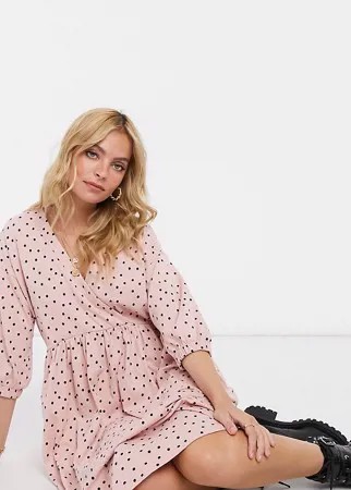 Черное свободное платье миди в горошек с запахом ASOS DESIGN Petite-Черный цвет