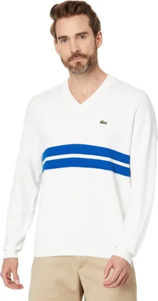 Свитер Lacoste Long Sleeve Relaxed Fit V-Neck Sweater with Stripes, цвет Flour/Ladigue