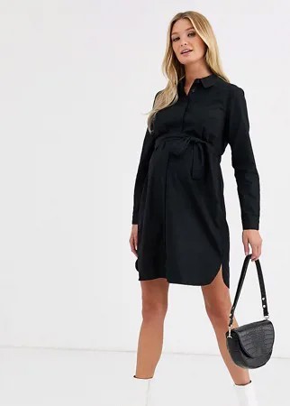 Черное хлопковое платье-рубашка мини с поясом ASOS DESIGN Maternity-Черный