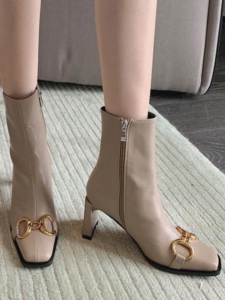 Milanoo Women Booties Chains Square Toe Chunky Heel PU Leather Apricot Ankle Boots