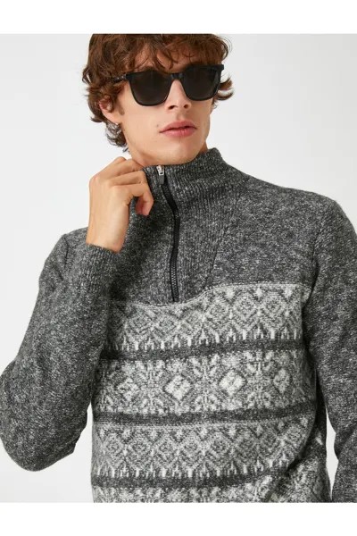 Жаккардовый свитер с высоким воротником и молнией в деталях Koton, серый