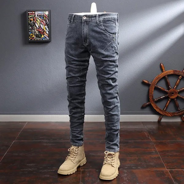 Корейские модные мужские джинсы ретро серые синие эластичные облегающие рваные джинсы мужские уличные Дизайнерские повседневные штаны-ка...