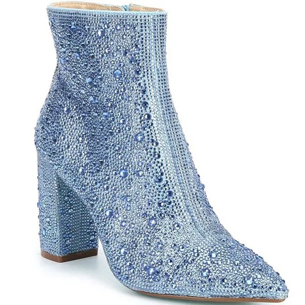 Шикарные блестящие Серебристые синие кристаллы бриллианты Блестящие ботильоны сексуальные женские ботинки с острым носком на блочном каблуке Стразы банкетные ботинки обувь
