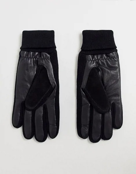 Черные перчатки для сенсорных экранов из кожи и замши с манжетами в рубчик ASOS DESIGN-Черный