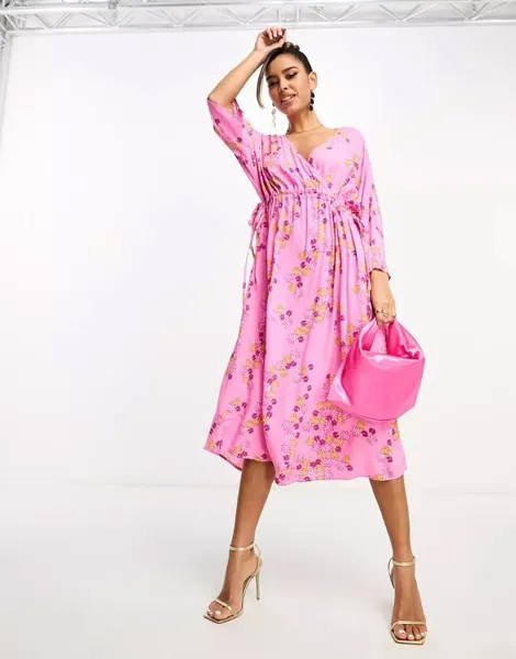 Розовое платье миди Y.A.S со сборками по бокам и цветочным принтом