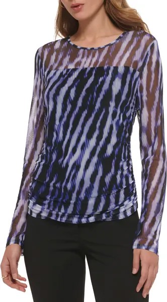 Топ DKNY Long Sleeve Crew Neck Printed Mesh Top, цвет Very Peri Multi