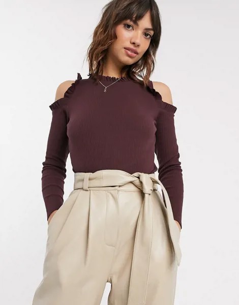 Фиолетовый лонгслив с открытыми плечами и оборками River Island-Черный