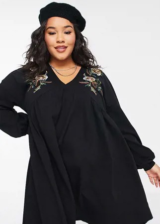 Платье мини с V-образным вырезом и цветочной вышивкой ASOS DESIGN Curve-Черный цвет