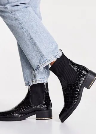 Черные ботинки на плоской подошве в стиле ботинок для верховой езды с отделкой под кожу крокодила New Look-Черный цвет