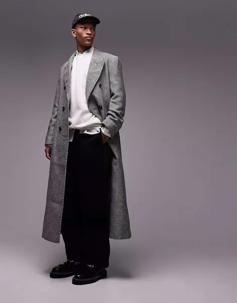 Серое двубортное пальто с узором «в елочку» Topman