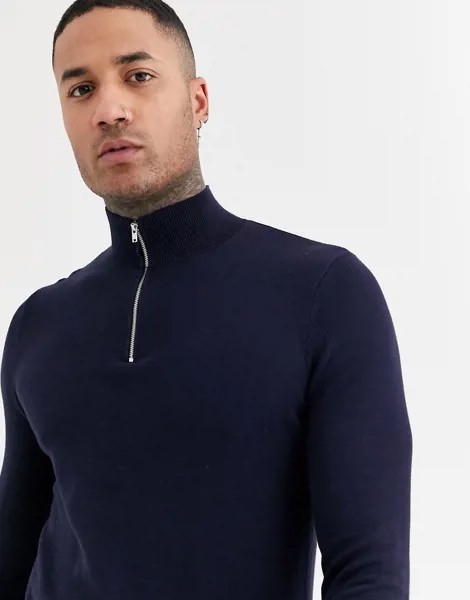 Темно-синяя водолазка с молнией Topman-Темно-синий