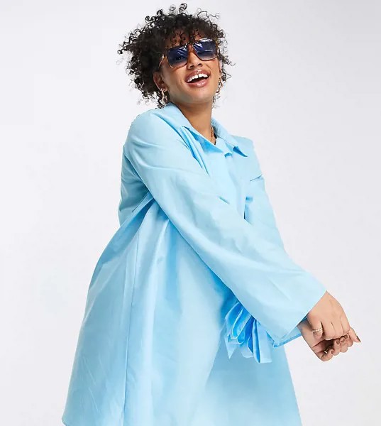 Платье-рубашка мини А-силуэта бирюзового цвета из хлопкового поплина ASOS DESIGN Curve-Голубой