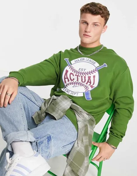 Oversized-свитшот зеленого цвета с винтажным принтом на тему софтбола ASOS Actual-Зеленый цвет