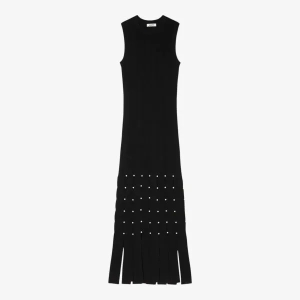 Платье макси эластичной вязки с бахромой и заклепками Sandro, цвет noir / gris