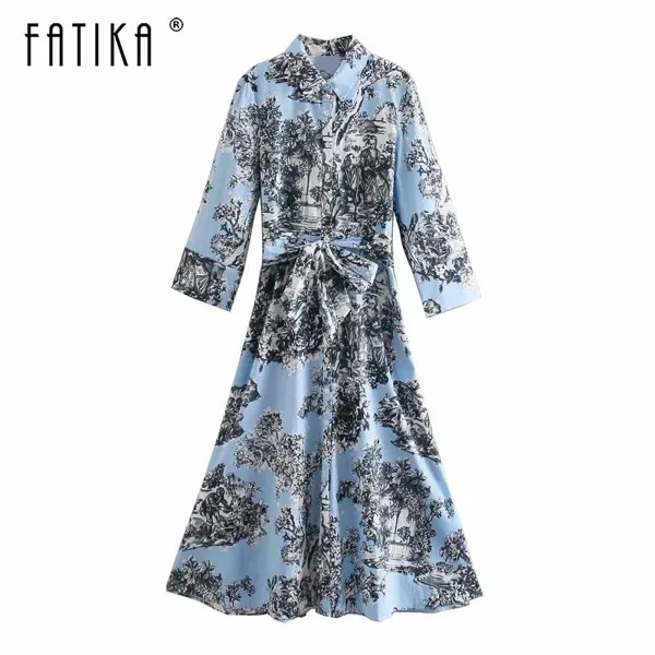 Fatika новые женские 2021 жаркое лето Цветочный принт на шнуровке с поясом поло новорожденных и детей возрастом Кнопка Длинный рукав прямые длин...