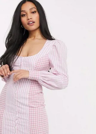 Платье мини с пышными рукавами и шнуровкой на спине Fashion Union Petite-Розовый цвет